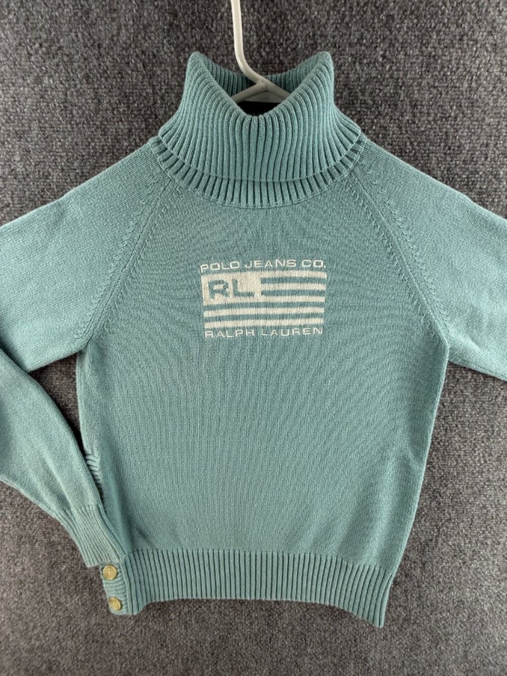 Polo Ralph Lauren Knit Flag Sweater Large Blue White Cotton Turtleneck USA Adult